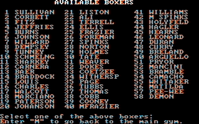 Sierra Championship Boxing IBM PC/Compatibles Screenshot: Here's a list of the boxers on file.