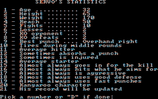 Sierra Championship Boxing IBM PC/Compatibles Screenshot: Here's my new boxer stats.