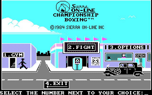 Sierra Championship Boxing IBM PC/Compatibles Screenshot: Title screen and main menu.