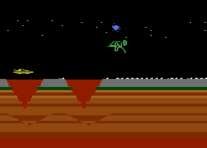 James Bond 007 Atari 5200 Screenshot: Game start; jumping over a crater...