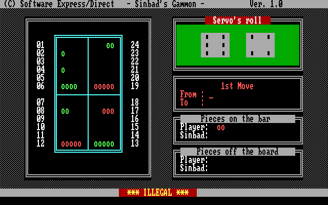 Sinbad's Gammon IBM PC/Compatibles Screenshot: Oops, I attempted an illegal move!