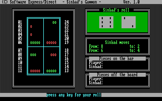 Sinbad's Gammon IBM PC/Compatibles Screenshot: The computer just made a move, now it's your turn...