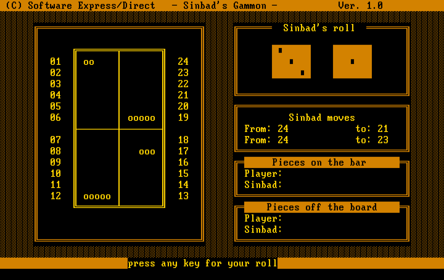 Sinbad's Gammon IBM PC/Compatibles Screenshot: Game start; the computer just made a move.