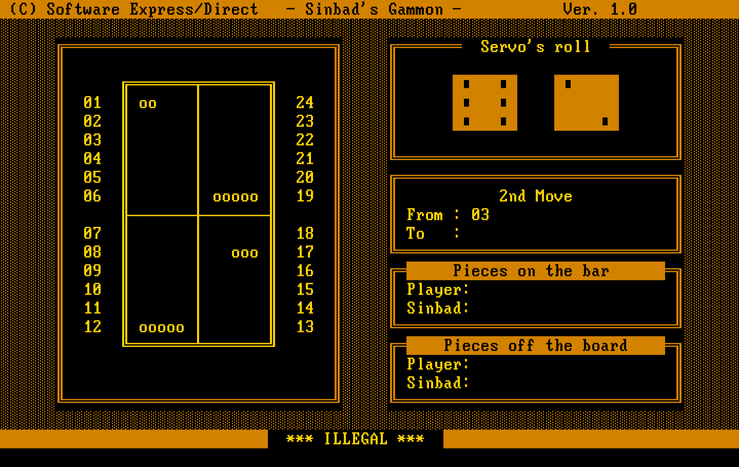 Sinbad's Gammon IBM PC/Compatibles Screenshot: Oops, I attempted an illegal move...