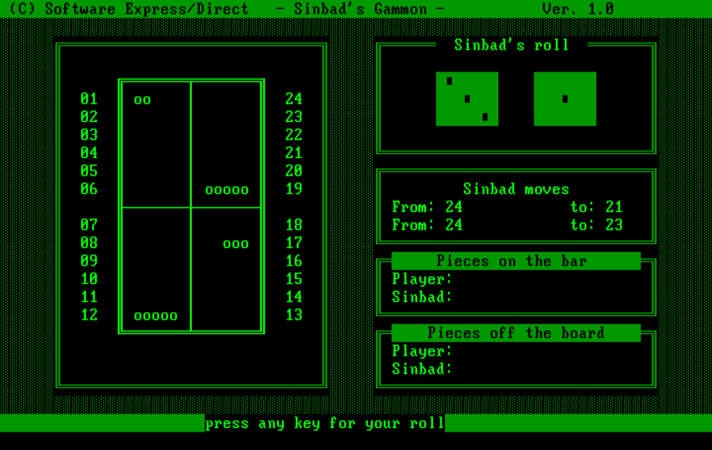 Sinbad's Gammon IBM PC/Compatibles Screenshot: Game start; the computer just made a move.