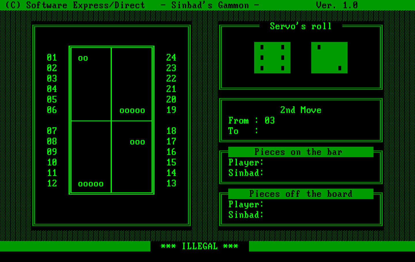 Sinbad's Gammon IBM PC/Compatibles Screenshot: Oops, I attempted an illegal move...