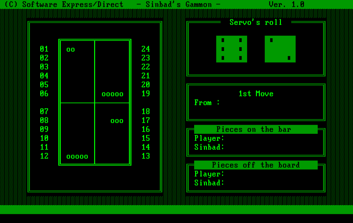 Sinbad's Gammon IBM PC/Compatibles Screenshot: Player's turn, what move do you want to make?