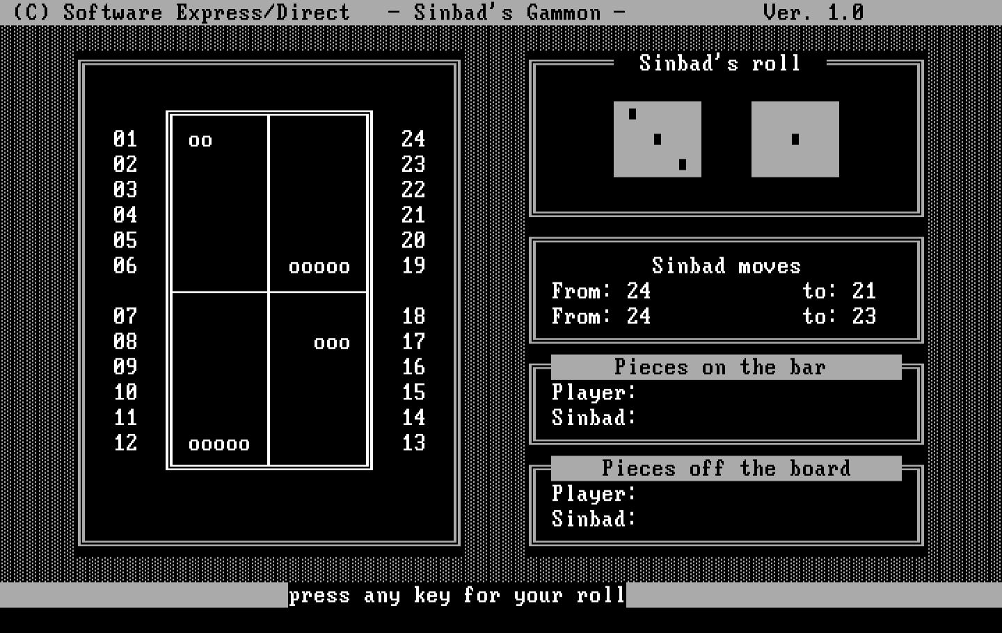 Sinbad's Gammon IBM PC/Compatibles Screenshot: Game start; the computer just made a move.