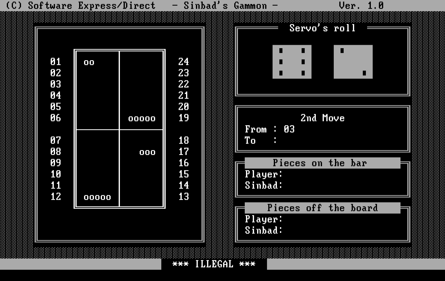 Sinbad's Gammon IBM PC/Compatibles Screenshot: Oops, I attempted an illegal move...