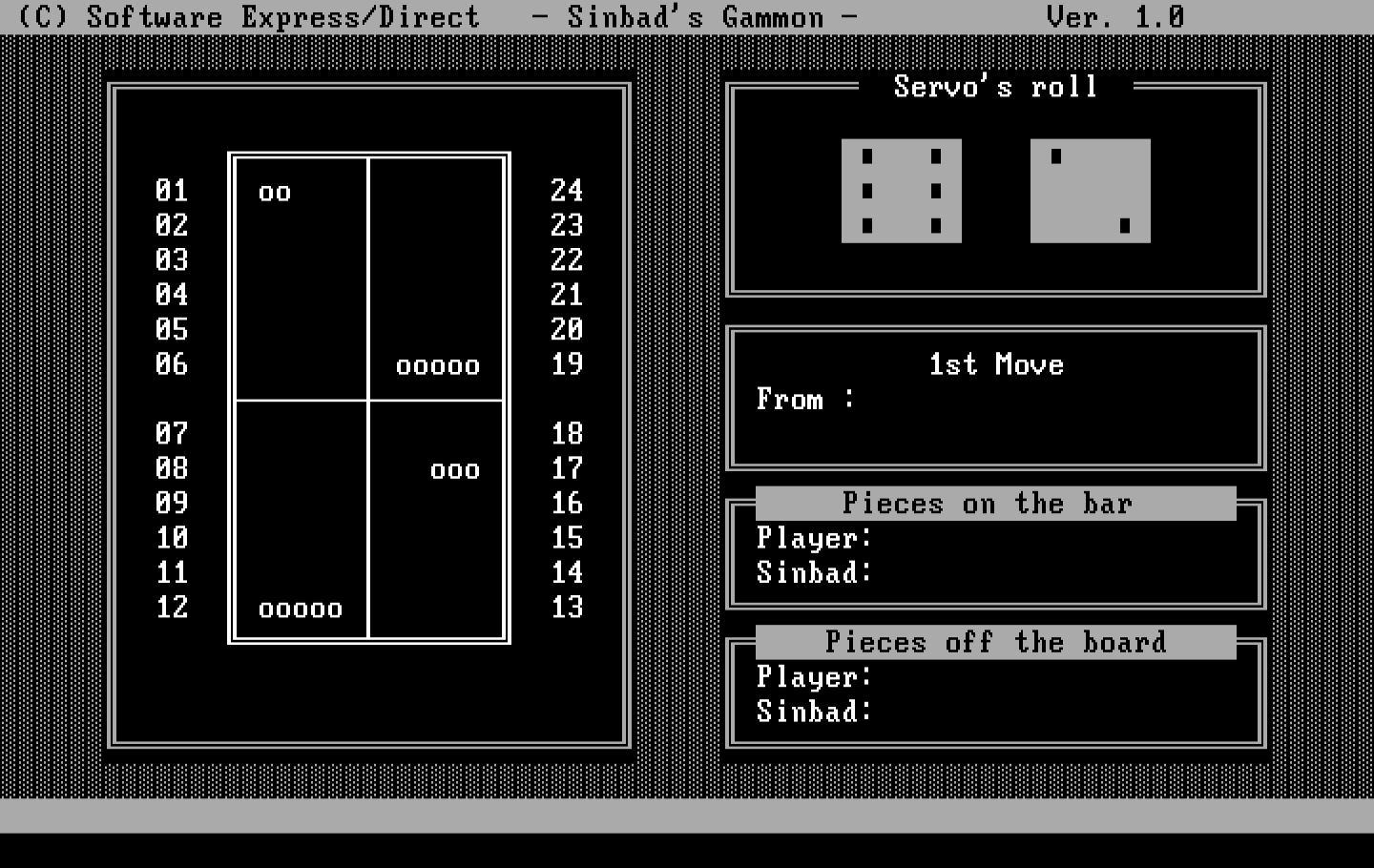 Sinbad's Gammon IBM PC/Compatibles Screenshot: Player's turn, what move do you want to make?