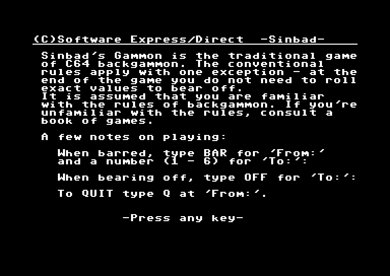 Sinbad's Gammon Commodore 64 Screenshot: Game title and introduction.