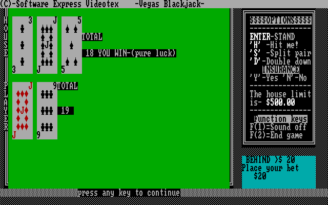 Tahoe Blackjack IBM PC/Compatibles Screenshot: I won!