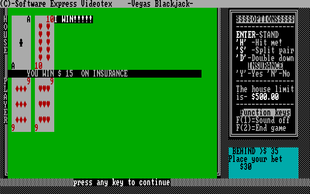 Tahoe Blackjack IBM PC/Compatibles Screenshot: I won this time!