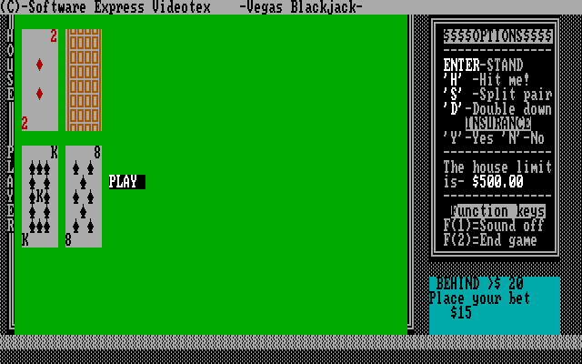 Tahoe Blackjack IBM PC/Compatibles Screenshot: Hit or stand?