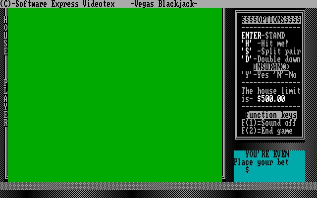Tahoe Blackjack IBM PC/Compatibles Screenshot: Starting screen; place your bet...