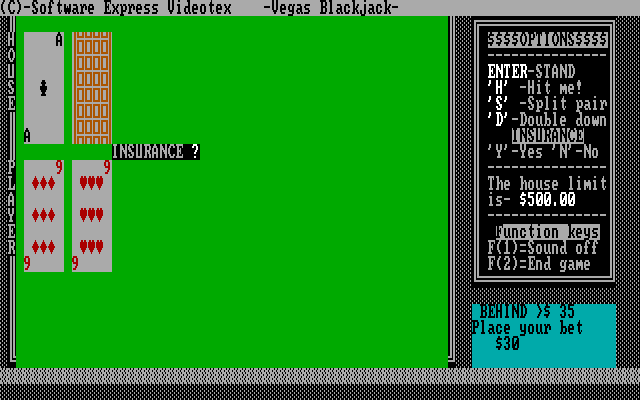 Tahoe Blackjack IBM PC/Compatibles Screenshot: Do you want insurance?