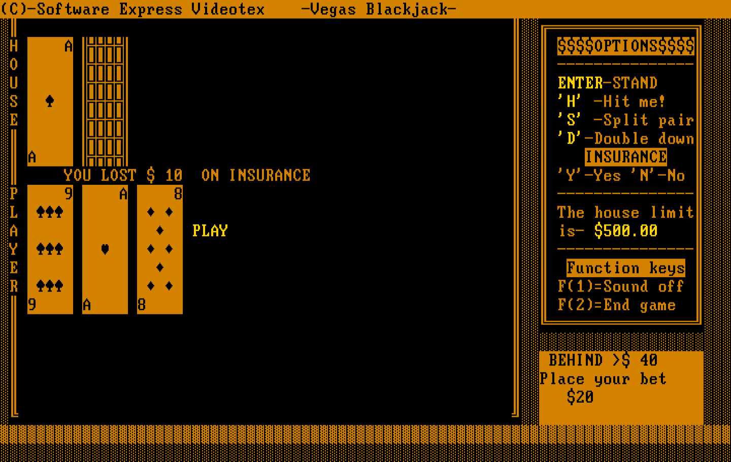 Tahoe Blackjack IBM PC/Compatibles Screenshot: Looks like I lost this time...