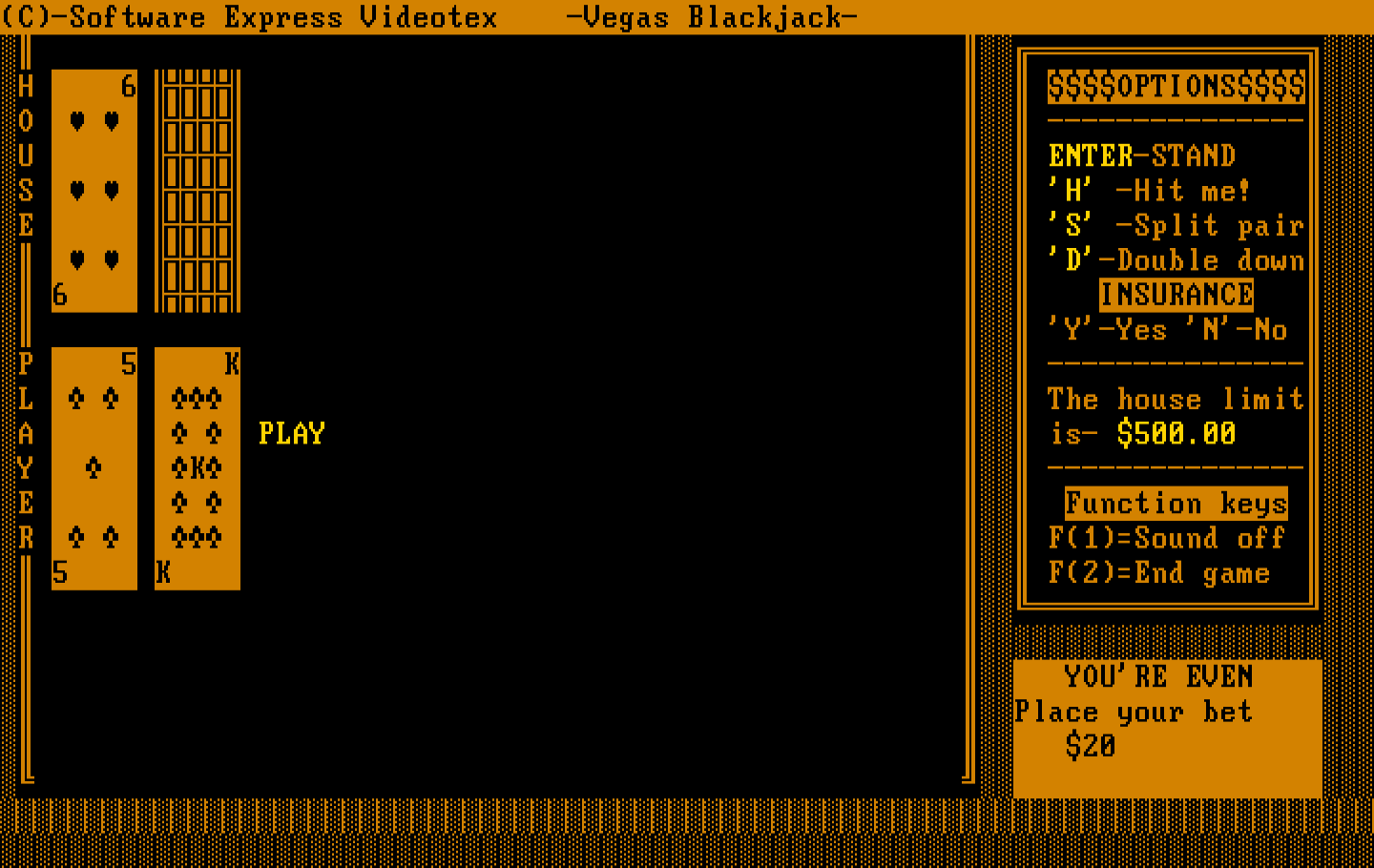 Tahoe Blackjack IBM PC/Compatibles Screenshot: Hit or stand?