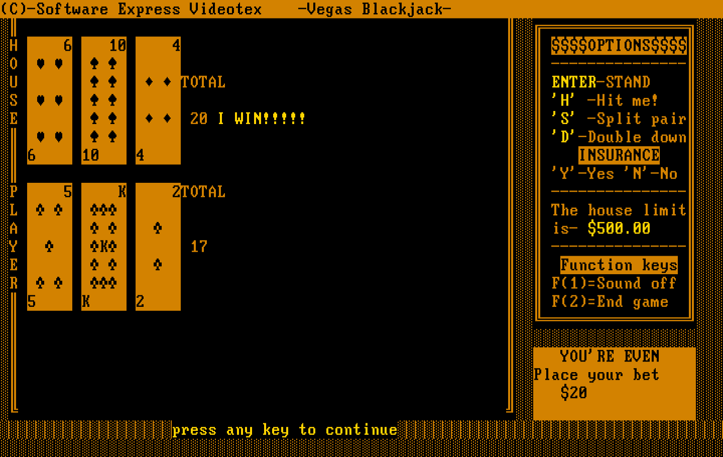 Tahoe Blackjack IBM PC/Compatibles Screenshot: The computer wins this time...