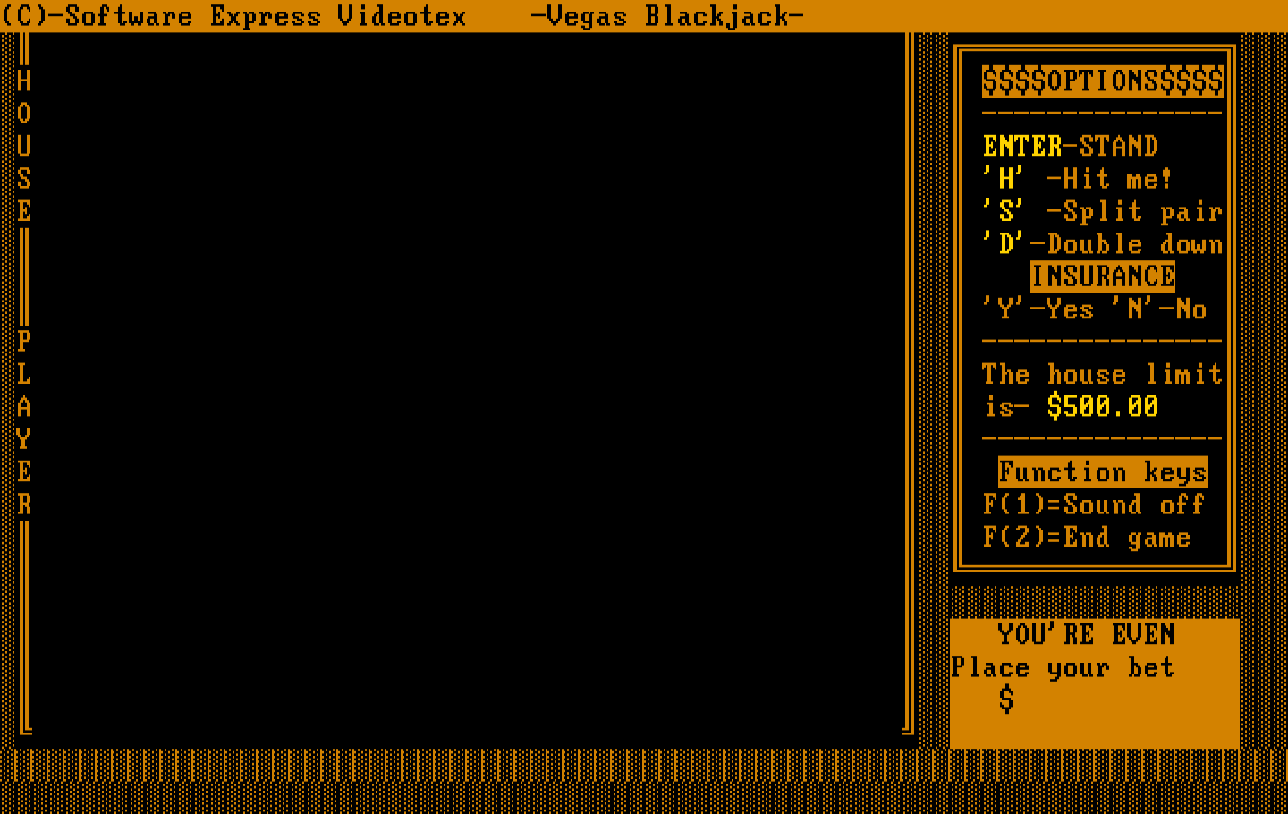 Tahoe Blackjack IBM PC/Compatibles Screenshot: Game start; Place your bet...