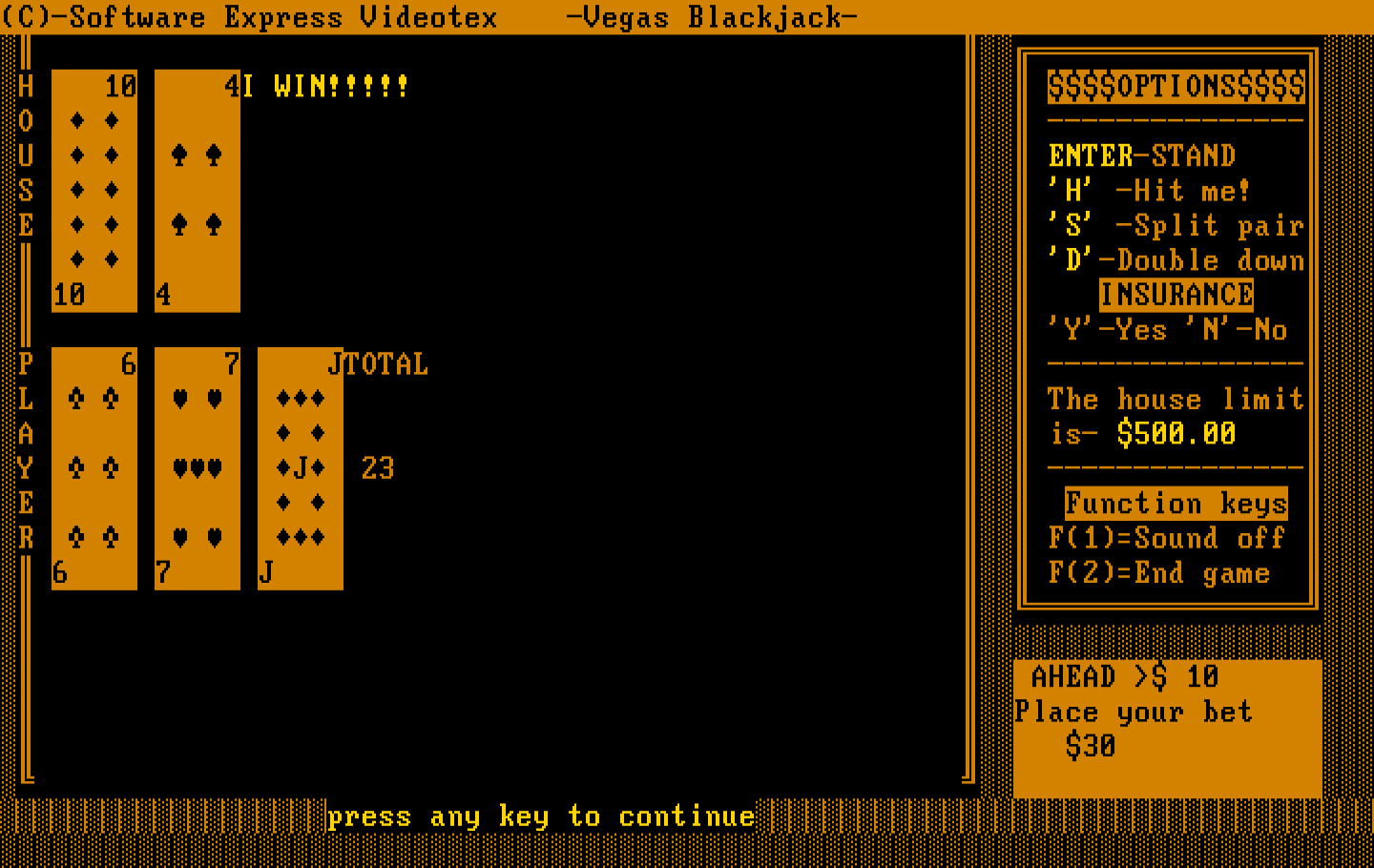 Tahoe Blackjack IBM PC/Compatibles Screenshot: Oops, the computer won!