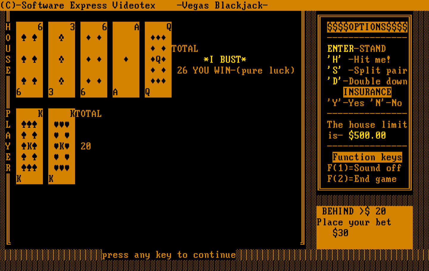 Tahoe Blackjack IBM PC/Compatibles Screenshot: Computer busts, I win!
