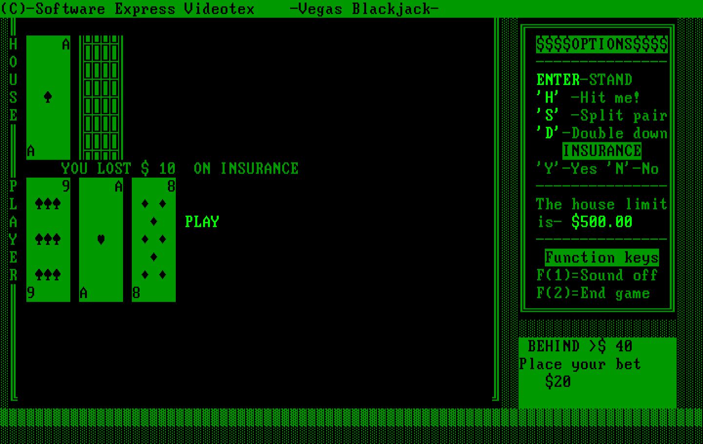 Tahoe Blackjack IBM PC/Compatibles Screenshot: Looks like I lost this time...