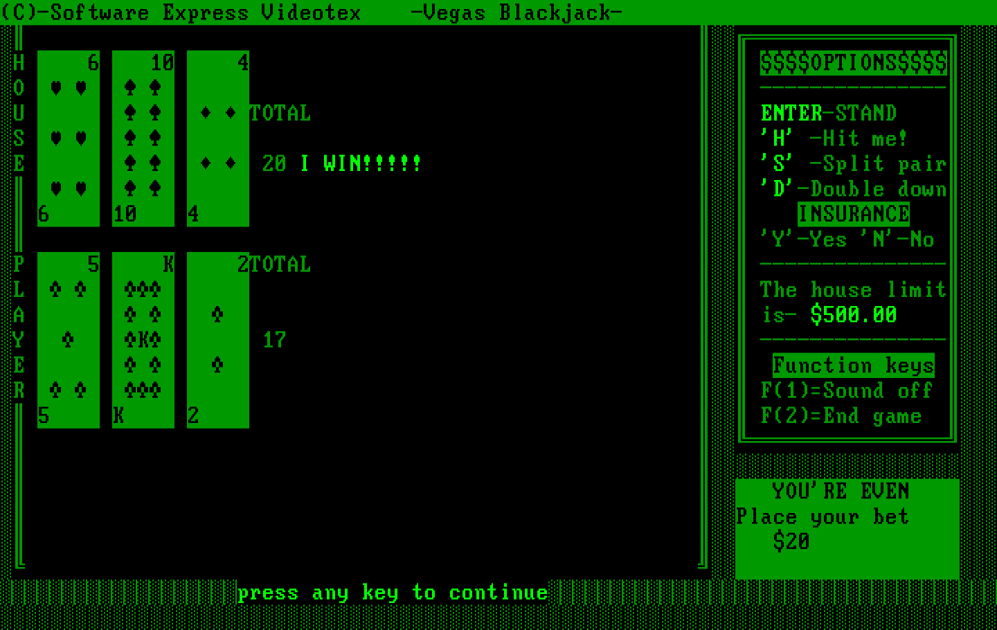 Tahoe Blackjack IBM PC/Compatibles Screenshot: The computer wins this time...