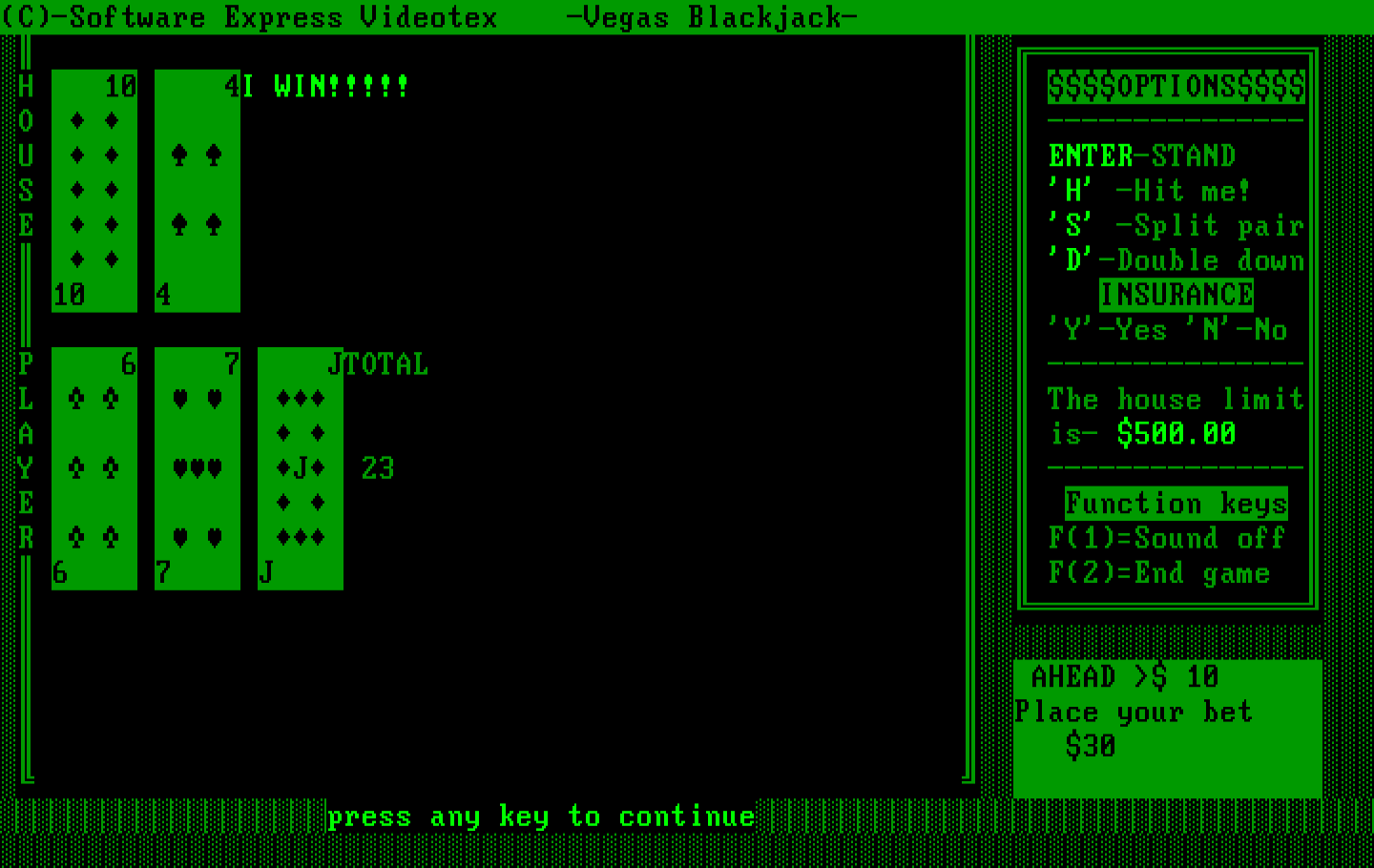 Tahoe Blackjack IBM PC/Compatibles Screenshot: Oops, the computer won!