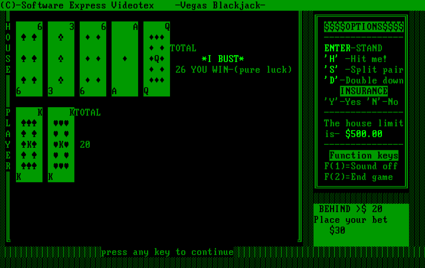 Tahoe Blackjack IBM PC/Compatibles Screenshot: Computer busts, I win!