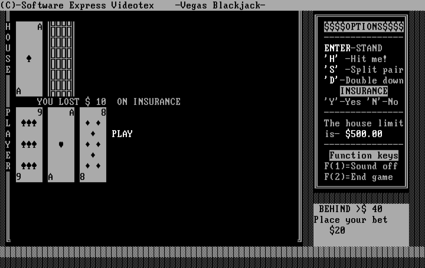 Tahoe Blackjack IBM PC/Compatibles Screenshot: Looks like I lost this time...