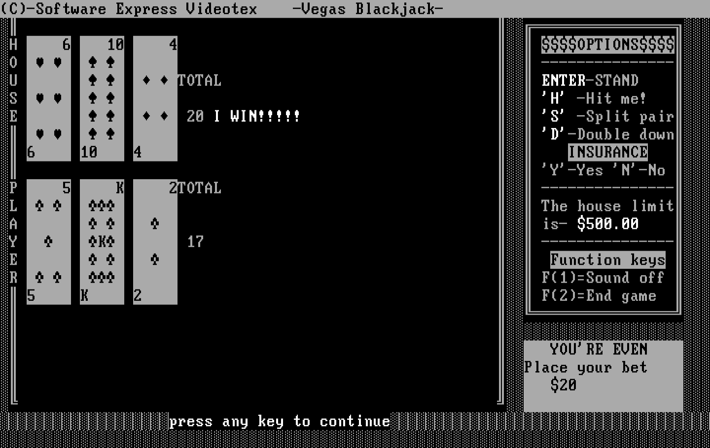Tahoe Blackjack IBM PC/Compatibles Screenshot: The computer wins this time...