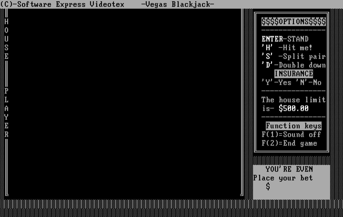 Tahoe Blackjack IBM PC/Compatibles Screenshot: Game start; Place your bet...