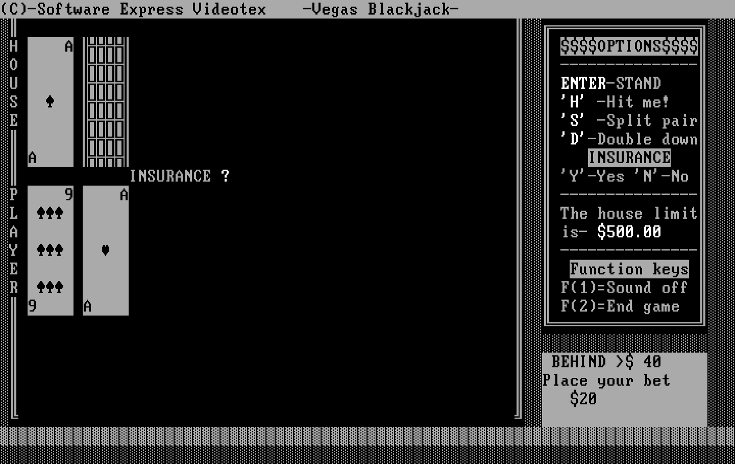 Tahoe Blackjack IBM PC/Compatibles Screenshot: Do you want insurance?