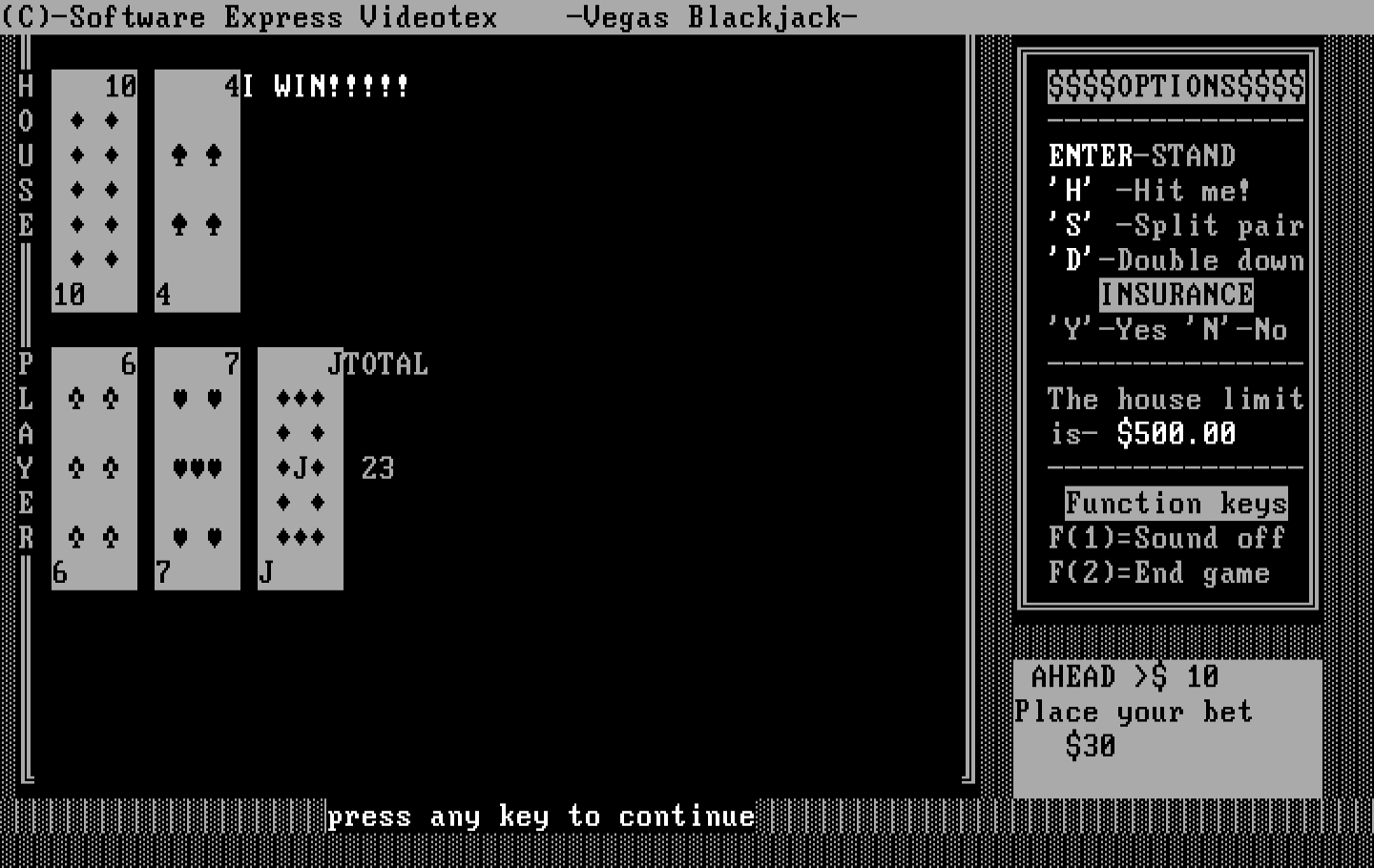 Tahoe Blackjack IBM PC/Compatibles Screenshot: Oops, the computer won!