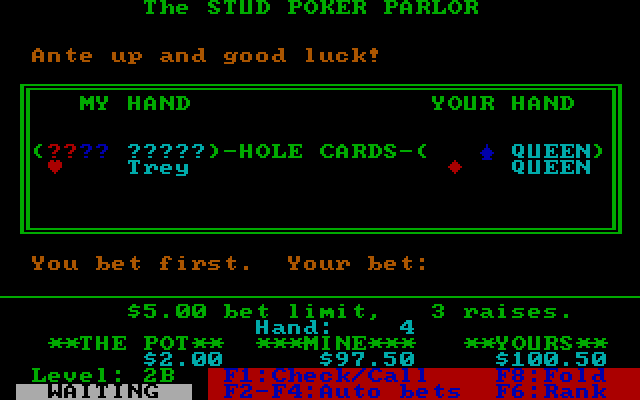 Stud Poker Parlor, The IBM PC/Compatibles Screenshot: Good luck! How much do you want to bet?