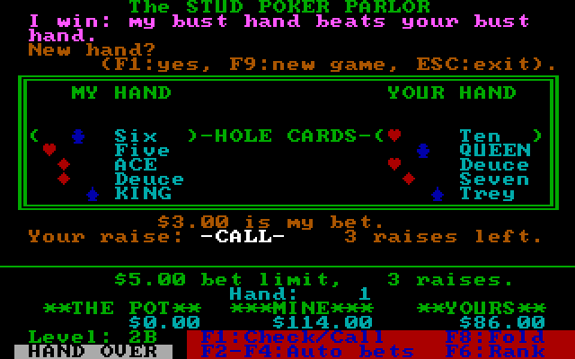 Stud Poker Parlor, The IBM PC/Compatibles Screenshot: The computer won this time...