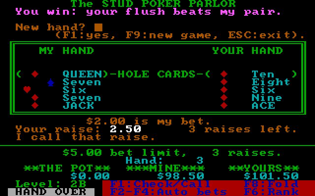 Stud Poker Parlor, The IBM PC/Compatibles Screenshot: I won this time!