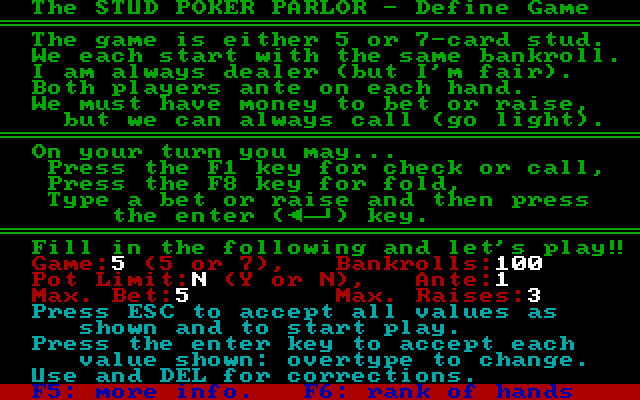 Stud Poker Parlor, The IBM PC/Compatibles Screenshot: Game instructions.