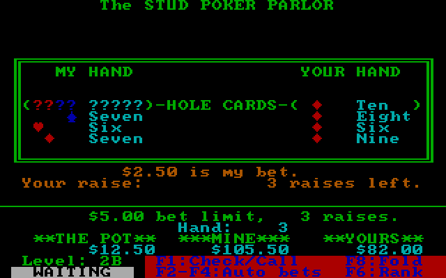 Stud Poker Parlor, The IBM PC/Compatibles Screenshot: The next hand...what do you want to do?
