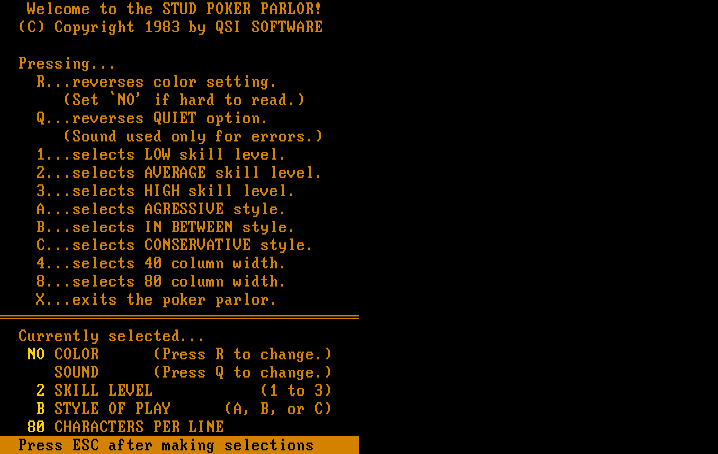 Stud Poker Parlor, The IBM PC/Compatibles Screenshot: Starting screen; select game options...