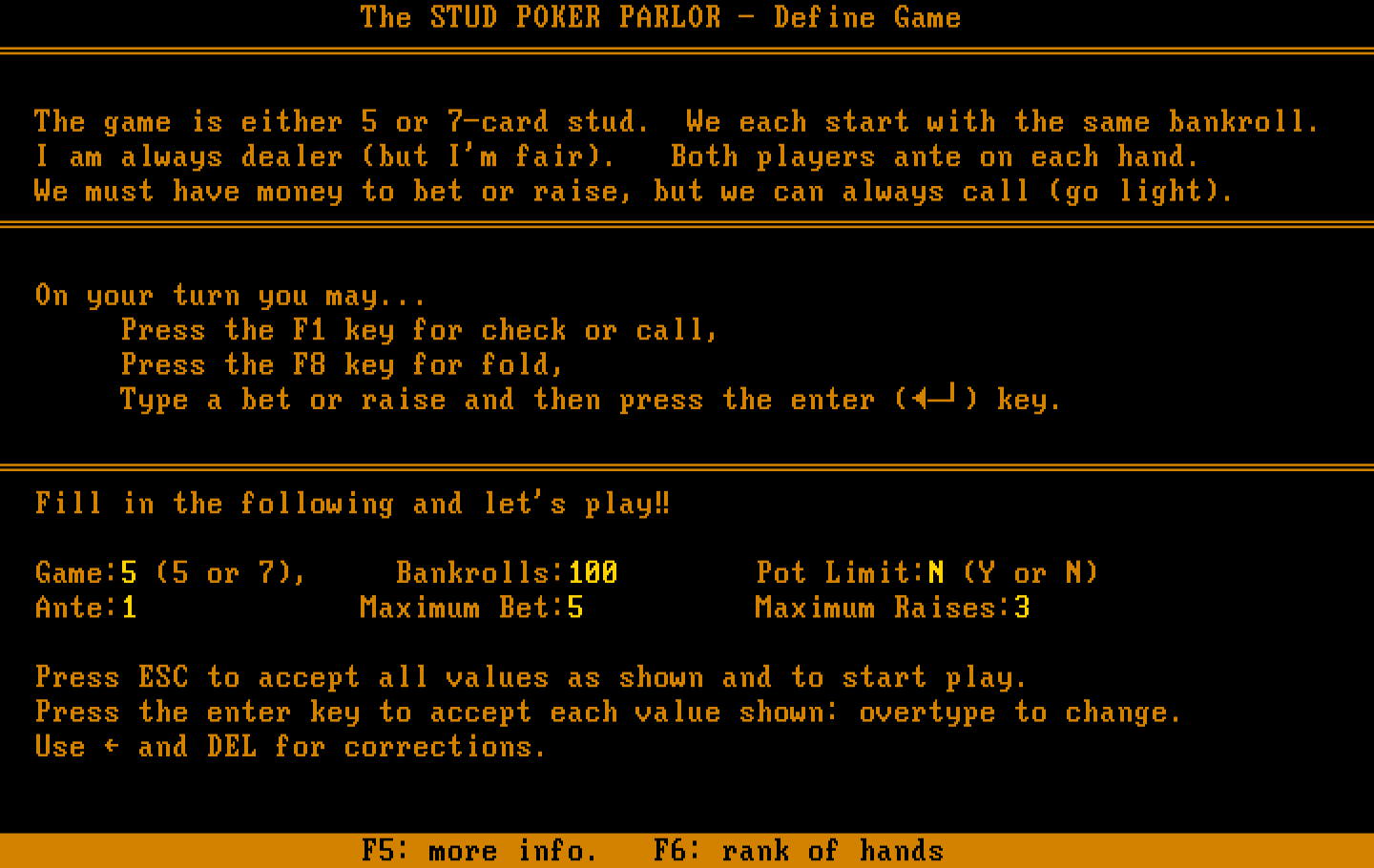 Stud Poker Parlor, The IBM PC/Compatibles Screenshot: Stud Poker...about the game...