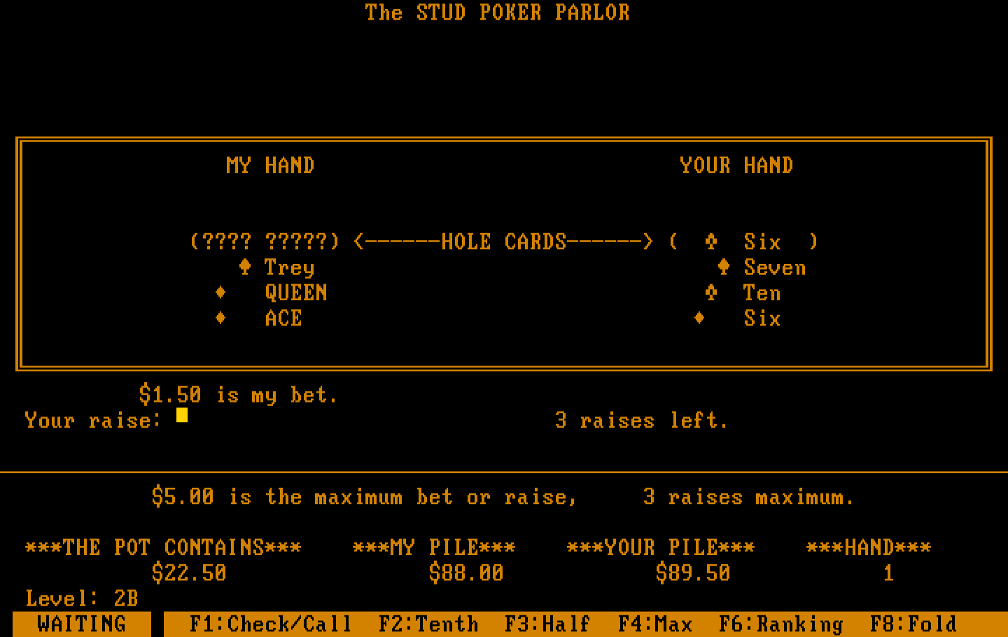 Stud Poker Parlor, The IBM PC/Compatibles Screenshot: Place your bet...