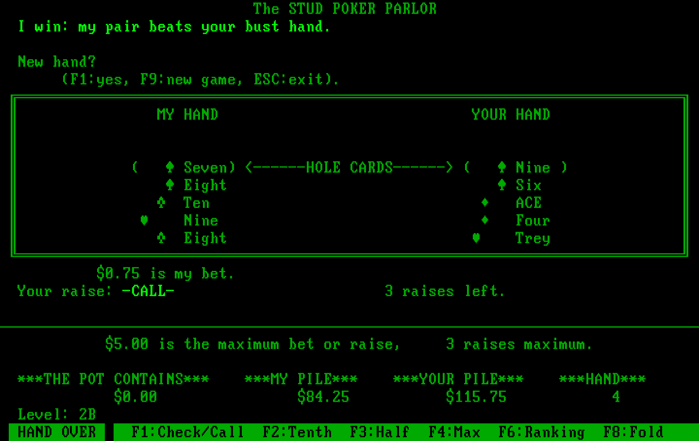 Stud Poker Parlor, The IBM PC/Compatibles Screenshot: The computer wins...