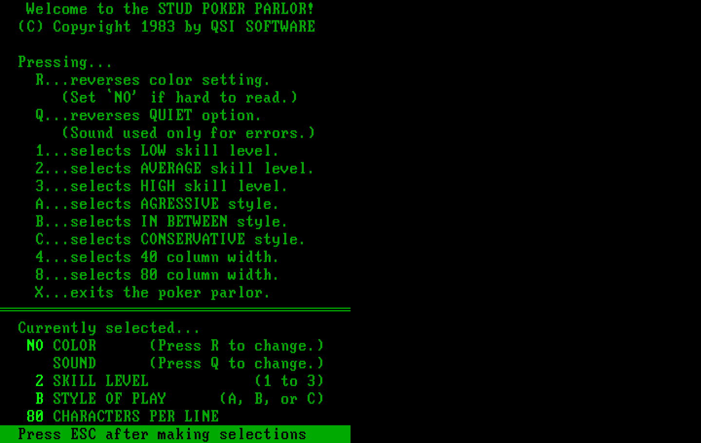 Stud Poker Parlor, The IBM PC/Compatibles Screenshot: Starting screen; select game options...