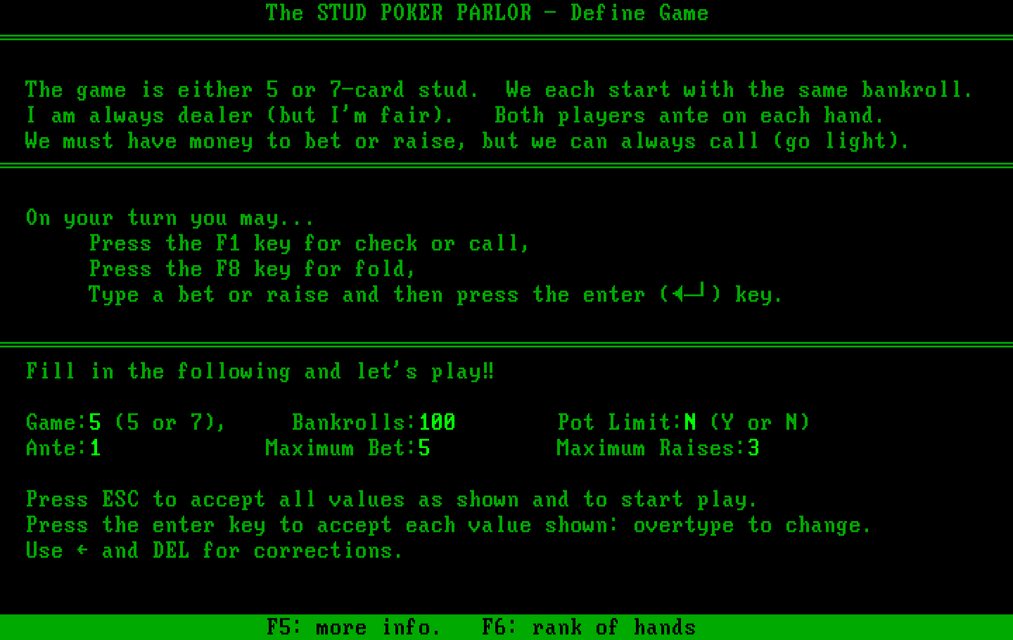 Stud Poker Parlor, The IBM PC/Compatibles Screenshot: Stud Poker...about the game...
