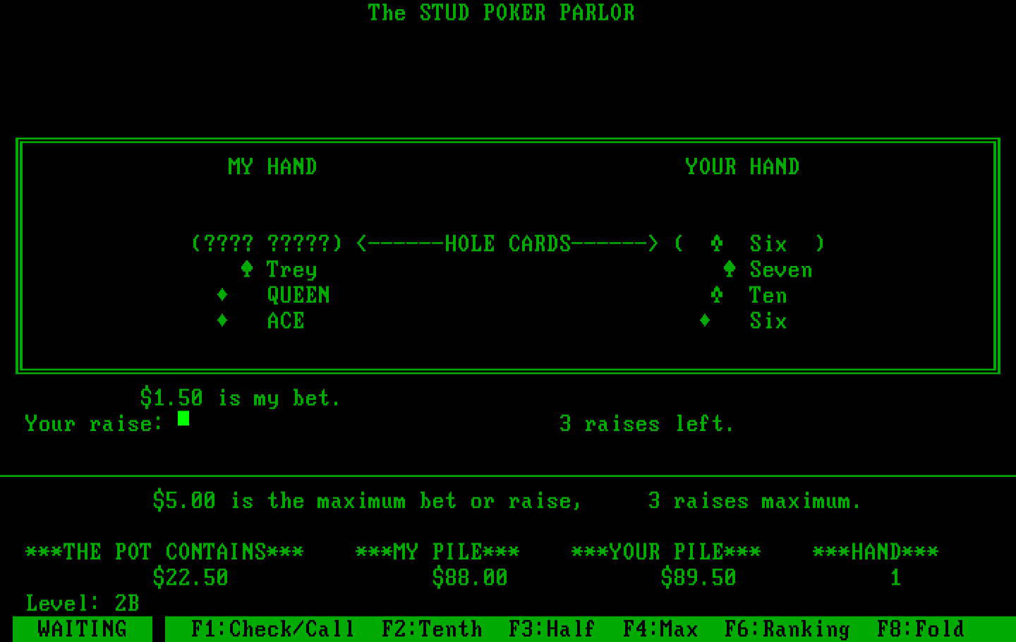 Stud Poker Parlor, The IBM PC/Compatibles Screenshot: Place your bet...