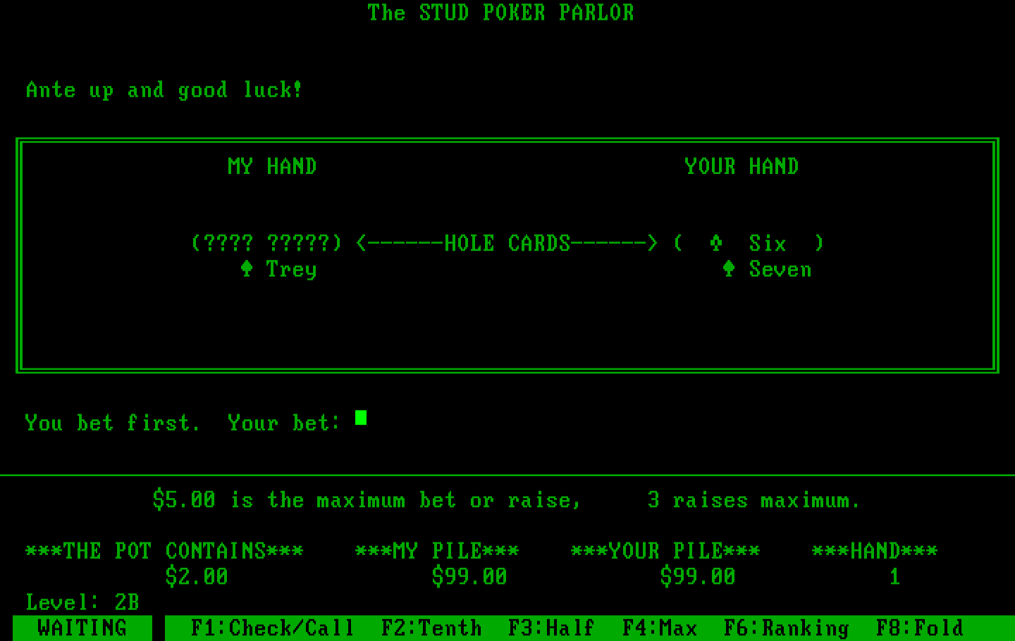 Stud Poker Parlor, The IBM PC/Compatibles Screenshot: Ante up and good luck!