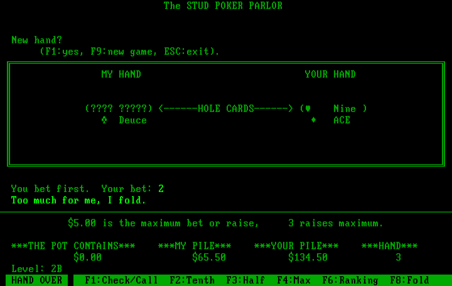 Stud Poker Parlor, The IBM PC/Compatibles Screenshot: The computer folds...