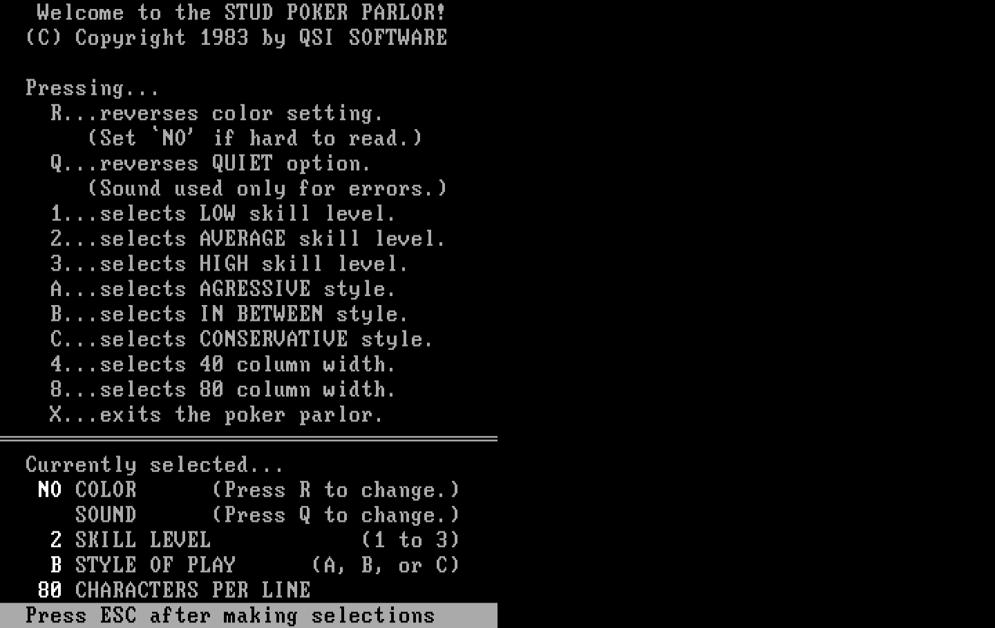Stud Poker Parlor, The IBM PC/Compatibles Screenshot: Starting screen; select game options...